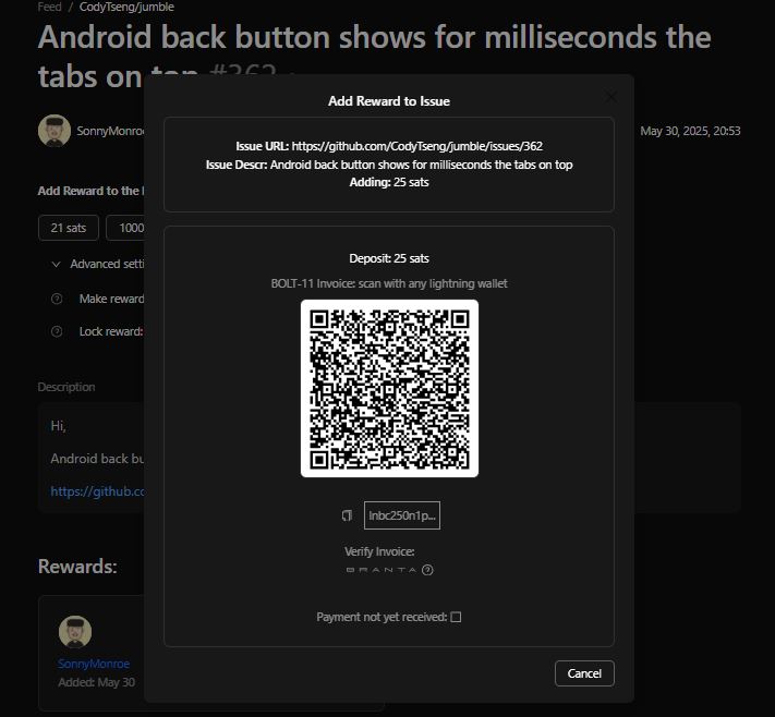 Screenshot showing generated Lightning invoice with QR code, BOLT-11 string, and payment details